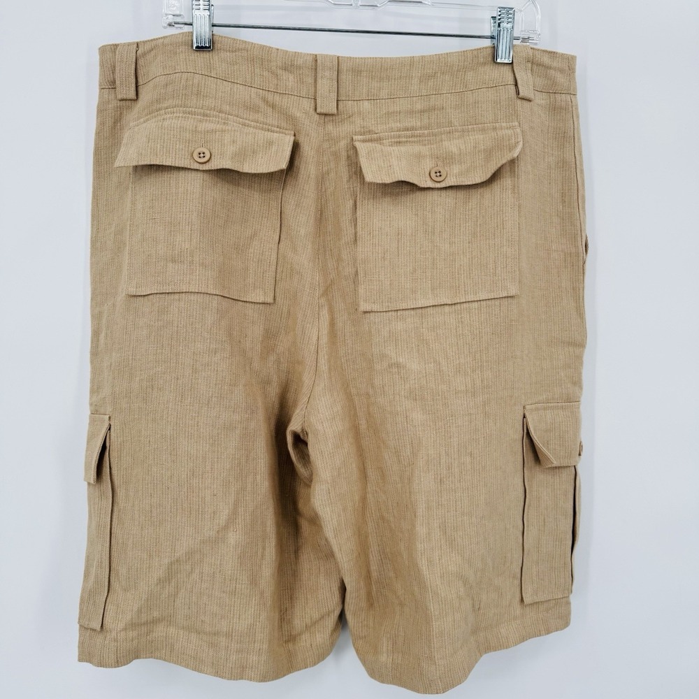 Raffi Men's Tan Linen Cargo Shorts Multi-Pockets Lightweight Flap Pockets Size L